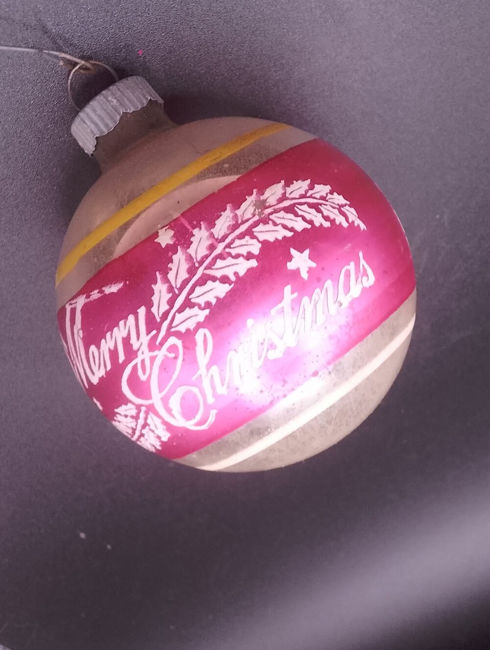 Vtg Shiny Brite Silver Mercury Glass Ball Ornament Stencil Merry Christmas Pink